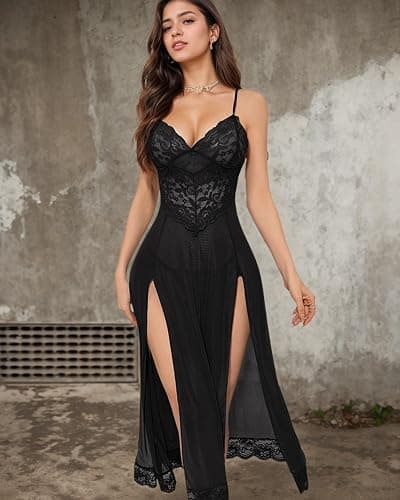 txsrbsj Women Lingerie Sexy Split Mesh Lace Floral Sheer Babydoll Lingerie Deep V Nightwear with Thong - Black - Large thumbnail 3