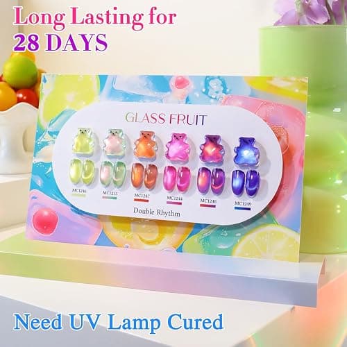 Double Rhythm Fruit Cat Eye Gel Nail Polish Set of 6 Same Color Same Bottle 0.5 Oz Shimmer Glitter with Magnet Holographic Reflective Magnetic UV Polish Kit at Home (Glass Rose Pink Green-T6-48) thumbnail 5