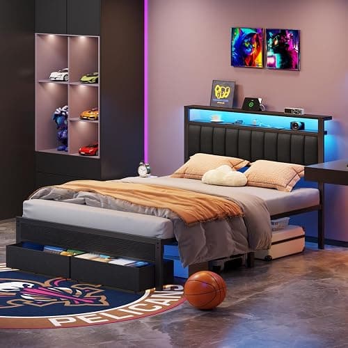 Furnulem Queen Bed Frame with Charging Station and LED Lights, Grey Upholstered Headboard with Shelves, Metal Platform Bed with 2 Under-Bed Storage (Fabric Drawer on Wheels), No Box Spring Needed thumbnail 4