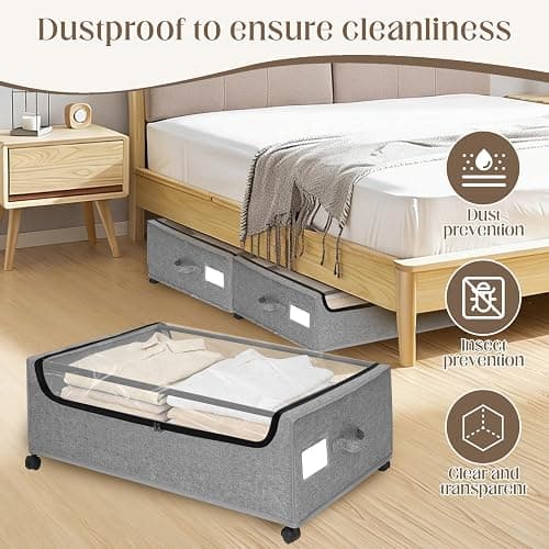 Under Bed Storage with Wheels, 2 Pack Under Bed Storage Containers, 10.6 inches Tall Underbed storage bins on Wheels, Rolling Under the Bed Metal Drawers for Clothes, Blankets, Shoes (XXXL, 90L) thumbnail 5