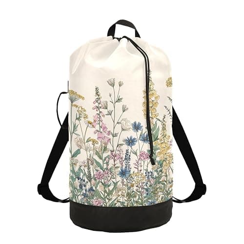 Flower Leaves Beige Laundry Bag Backpack Dirty Clothes Organizer With Strap and Handles Washable for College Travel Camp Dorm Essentials - Image 1