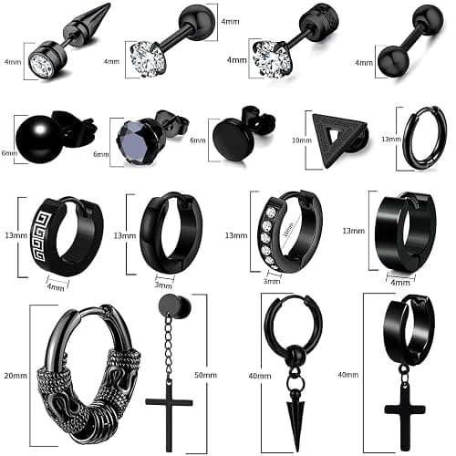 17 Pairs Earrings for Men, Stainless Steel Earrings For Men Sensitive Skin, Fashion Earring Piercing Jewelry Cross Dangle Hoop Earrings Kit Studs Long-lasting Shine thumbnail 2