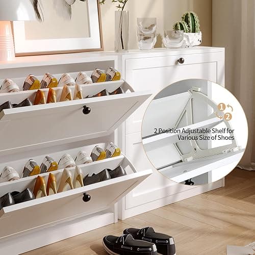 VOWNER Shoe Cabinet with 2 Flip Drawers, Freestanding Shoe Storage Cabinet with Adjustable Shelf & Anti-Tipping Device, Shoe Rack for Entryway, Hallway, Living Room (White) thumbnail 8