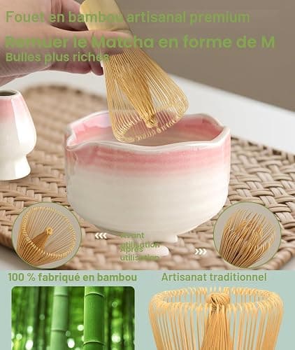 JBER Matcha Kit 7 Pièces, Matcha Set - Fouet en Bambou pour Matcha, Bol à Matcha à Buse, Support pour Fouet, Tamis à Matcha, Kit de Thé Japonais pour Amoureux du Matcha - Dégradé Rose thumbnail 4