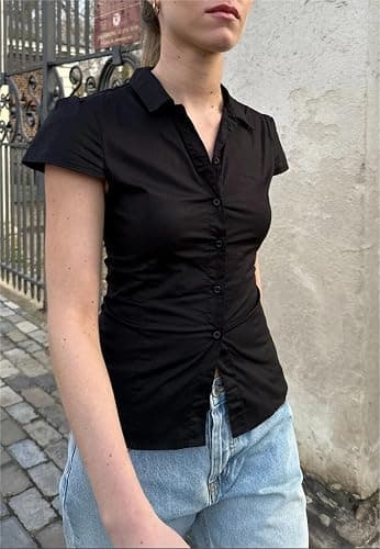 Women Y2k Short Sleeve Button Down Shirts Casual V Neck Button Up Top Vintage Slim Fit Collared Going Out Blouse thumbnail 2