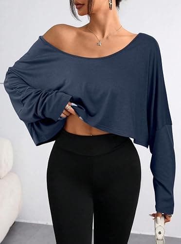 Hilinker Womens Off Shoulder Long Sleeve Crop Tops Sexy Boat Neck Loose Casual T Shirt thumbnail 3