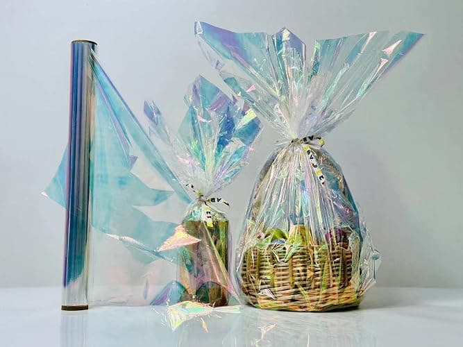 1 Roll 50ft Iridescent Light Blue Cellophane Wrap for Gift Baskets - Colored Cello Wrap - Rainbow Light Blue Wrapping Film (50' Long x 17" Wide) Colored Film Roll for, Fairy Wings, DIY Craft Babyshower. thumbnail 2