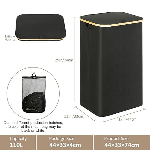 Laundry Hamper with Lid - Waterproof Freestanding Laundry Basket with Removable Liner Bag, Collapsible 110L Large Clothes Storage Laundry Bin with Easy Carry Bamboo Handle for Clothes Organizer thumbnail 3
