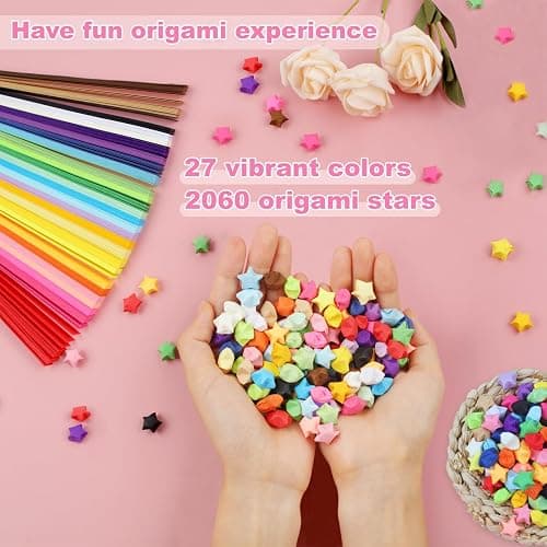 Phinus 2060 Sheets Origami Paper - 27 Color Assortment, Double Sided Star Paper Strips for DIY Hand Art Crafts thumbnail 4