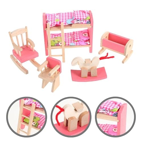 JOINPAYA Wooden Dollhouse Bedroom Furniture: Doll Bunk Bed Rocking Horse Chair, DIY 1:12 Scale Miniature Doll House Decoration Accessories for Ages 3+ Role-Playing thumbnail 6