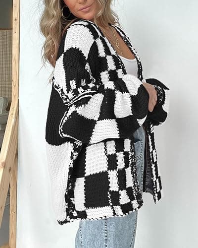 BTFBM Casual Cardigan Sweater for Women Fall 2025 Long Sleeve Open Front Chunky Knit Sweaters Checkered Outwear Coat thumbnail 6