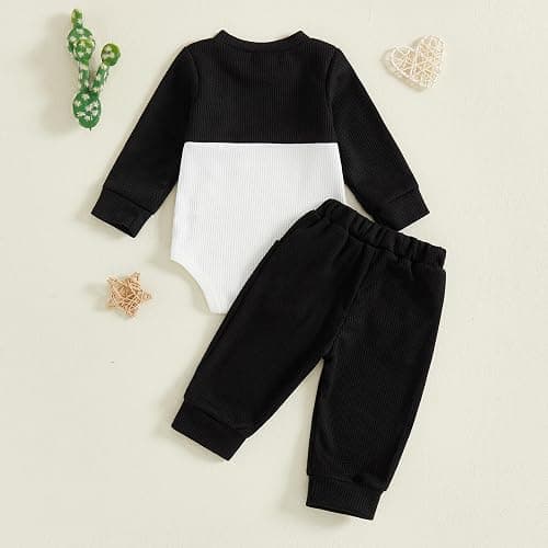 allshope Newborn Baby Boy Fall Outfit Romper Long Sleeve Solid Jumpsuit Bodysuit Elastic Waist Pants Infant Waffle Clothes thumbnail 7