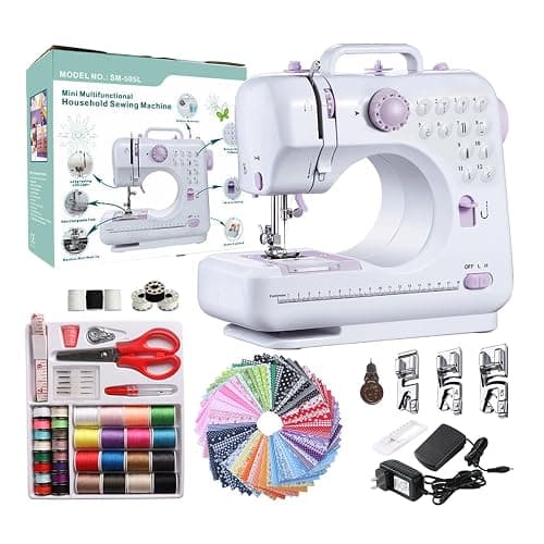 Marirao Sewing Machine for Beginners with 50 Pcs Fabric and 32 Pcs Sewing Threads Kit, Small Portable Mini Sewing Machine 12 Built-in Stitches 2 Speed with Foot Pedal - Image 1