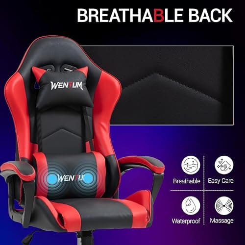 WENTUM Ergonomic Massage Gaming Chair for Kids Adults, Comfy PU Leather Office Desk Chair with Adjustable Headrest Lumbar Support 360° Swivel, Red thumbnail 7