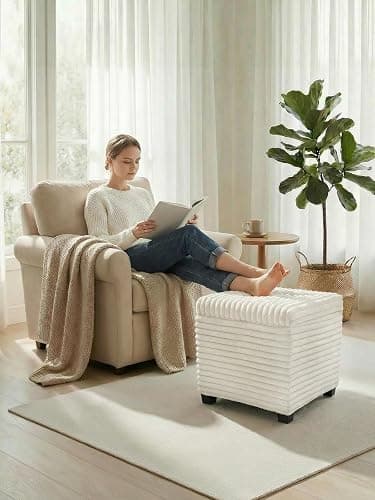 ABHENG 17.7 inches Faux Fur Ottomans Cube with Legs, Metal Framed Vanity Stool Chair Storage Ottoman Foot Rest Stool, Holds 770 LB for Dorm Living Room Bedroom White UASND644W thumbnail 8