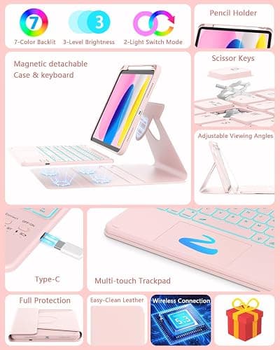 ZYNTHRALIX for iPad 11th (A16)/10th Gen Case Keyboard, Portrait/Tablet Mode | Detachable Magnetic Protective Case, Wireless Keyboard with Smart Trackpad, 7-Color Backlit, Landscape/Portrait, Pink thumbnail 3