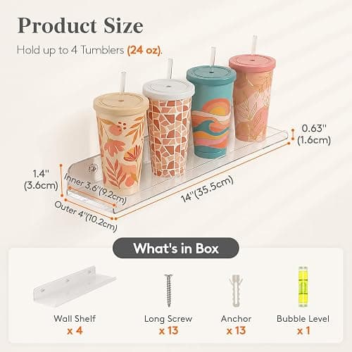 Lifewit Acrylic Floating Shelves for Bathroom 14" Clear, 4 Pack | Wall Mounted Display Shelf for Makeup, Skincare, Nail Polish, Book, Perfume Organizer for Bedroom, Living Room, Nursery Decor thumbnail 3