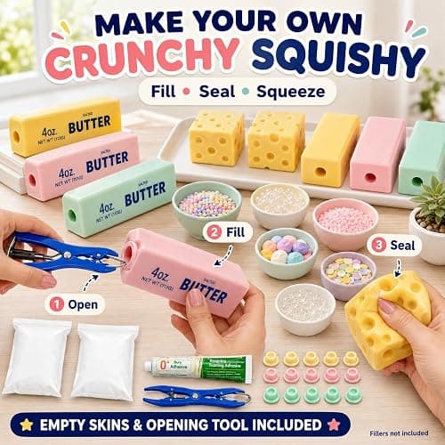 DIY Make Your Own Crunchy Squishy Kit,Butter Cheese Squishy Skin with Plugs | Asmr Crunchy Squishy Kit Includes 5 Cheese & Butter TPR Skins and 7.05 oz Filler Bead Filled Stress Ball Party Favor Gifts thumbnail 2