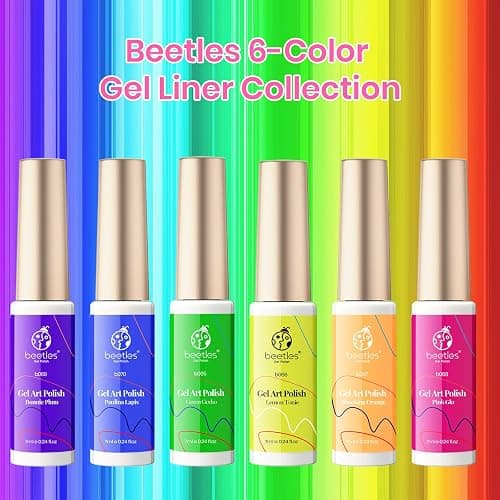 Beetles Summer Gel Liner Nail Polish Set - 6 Neon Gel Nail Polish Colors Hot Pink Orange Blue Yellow Paint for Nails Built Thin Brush in Bottle Soak off Uv LED Lamp Nails Art thumbnail 8