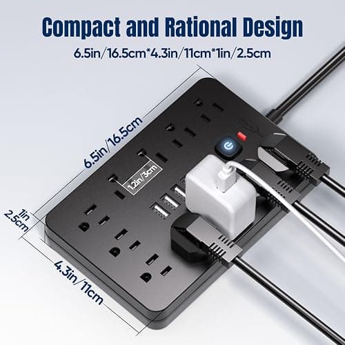 JouleLoom 6 FT Flat Plug Surge Protector Power Strip,11 Multiple AC Outlets with 6 USB Ports (2 USB C), 6 Feet Extension Cord, 1250W/10A, One Touch Switch Button, 17 in 1 Compact powerstrip thumbnail 4