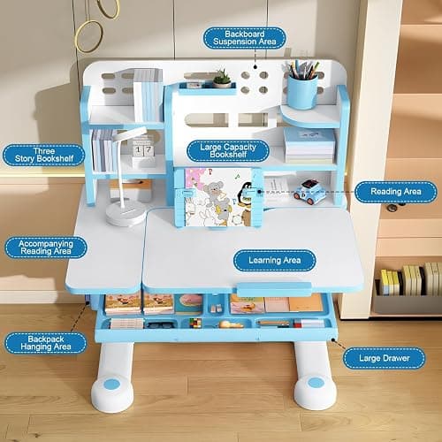 Kids Study Desk And Chair Set, Height Adjustable Children's Study Desk And Chair Set Toddler Learning Table and Stool Set with Bookshelf Storage Drawer 50-Degree Tiltable Desktop for Bedroom Blue thumbnail 3