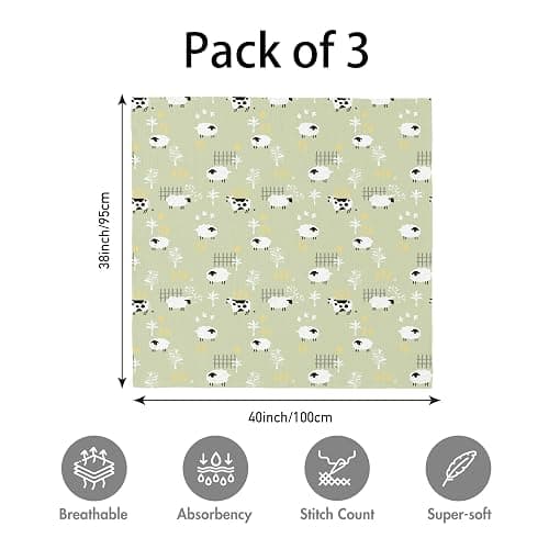 Muslin Swaddle Blankets for Newborn, 3 Pack Breathable Soft Receiving Blanket, Large 38 x 40 inches Swaddle Wrap Burping Clothes Diapers, Essentials Infant Shower Items, Toddler Gift (Cute Farm) thumbnail 3