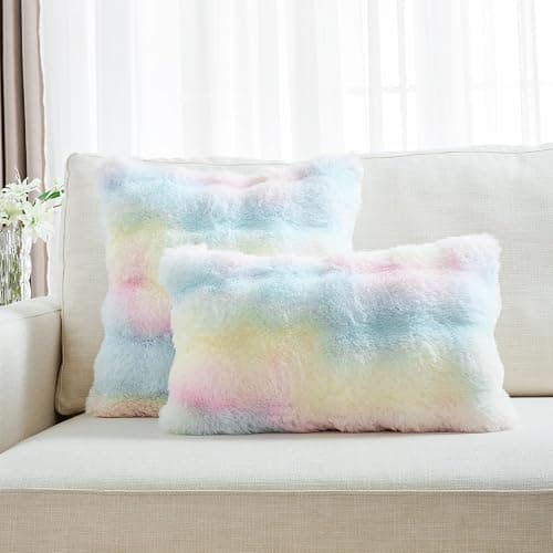 FUTEI Rainbow Decorative Throw Pillow Covers 18x18 Inch Set of 2,Soft Fuzzy Faux Rabbit Fur Cushion Covers with Raised Texture,Neutral Boho Home Decor for Couch Bed Living Room thumbnail 5
