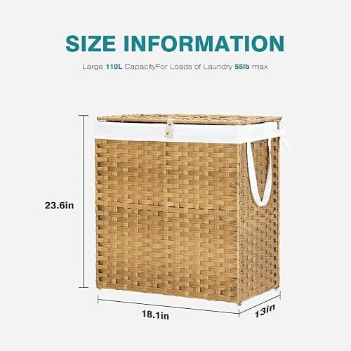 DUMOS Wicker Laundry Basket with Lid, 110L Woven Laundry Hamper with Handles, Foldable Rattan Clothes Hamper with Removable Liner & Sturdy Steel Frame, Goose Yellow thumbnail 3