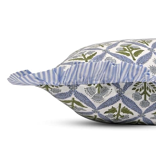 Ridhi Light Steel Blue Floral Block Print Throw Pillow Covers 18 x 18 Inch | Set of 2 100% Cotton Cushion Covers with Ruffle Edge, Zipper closure,Farmhouse Boho Decor for Sofa,Couch, Bed & Living Room thumbnail 4