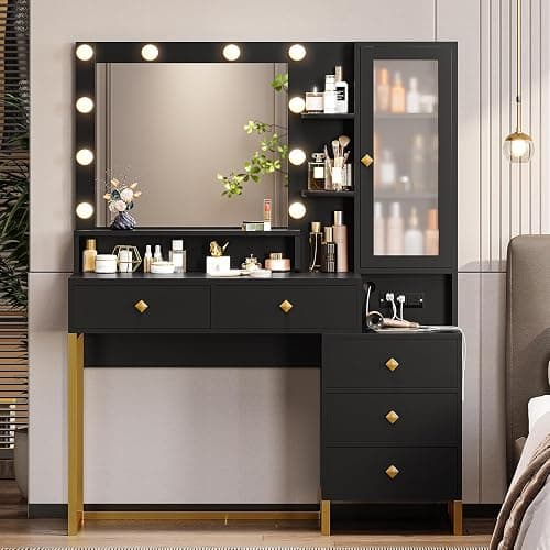 Tiptiper Large Makeup Vanity with Lights, Vanity Table with Charging Station Vanity Desk with Mirror and 10 LED Light Bulbs, Makeup Table with 5 Drawers, Nightstand and Storage Shelves, Black & Gold - Image 1