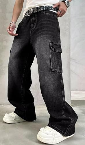 HUNGSON Mens Baggy Cargo Jeans for Men Women Y2k Skater Vintage Plain Pants Casual Wide Leg Jeans Loose Fit Denim Jeans thumbnail 6