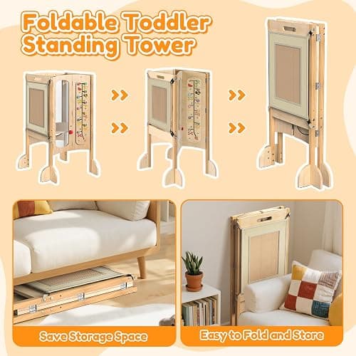FlyingBoom Foldable Toddler Tower, Kitchen Stool Helper with 2 Step Stool, Toddler Standing Tower for Kids with Safety Net, Adjustable Height, Chalk-Whiteboard &Montessori Activity Games thumbnail 2