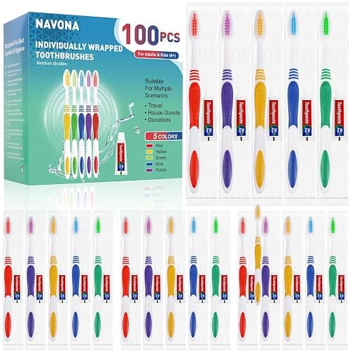 Navona 100 PCS Disposable Toothbrush with Toothpaste Bulk, Travel Toothpaste, Bulk Toothpastes, Individually Wrapped Bulk Toothbrush, Ergonomics Handle,Medium Soft Bristle, Perfect for Travel, Hotel - Image 1