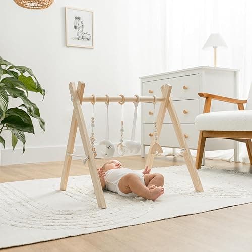 Comfy Cubs Wooden Baby Play Gym - Natural Finish Pinewood Baby Activity Gym with 5 Sensory Hanging Toys - Easy No-Tool Assembly, Safe and Durable for Infant Motor and Visual Development - Natural Wood thumbnail 3