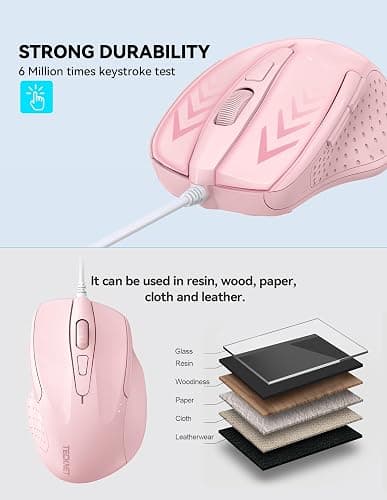 TECKNET Wired Mouse, 6-Button Corded with 4 Adjustable DPI, Optical Ergonomic Design, 5FT Cord for Laptop, Chromebook, PC, Desktop, Mac, Notebook - Pink thumbnail 4