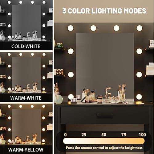Furmax Vanity Desk with Mirror, LED Lights and Power Outlet Makeup Vanity Table with 7 Drawers and 6 Storage Shelves Dressing Table for Bedroom Dressing Room (Black) thumbnail 4