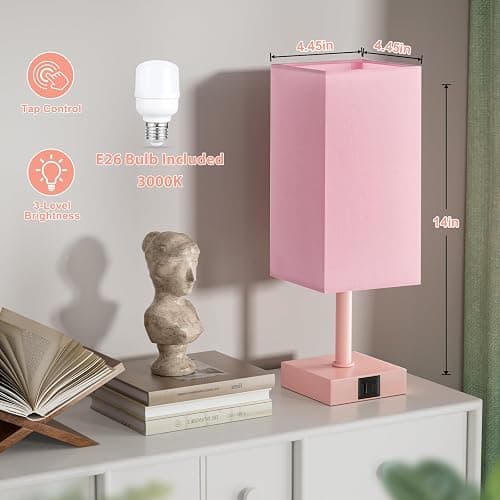 Ambimall Touch Control Table Lamp with USB A+C Charging Ports - 3 Way Touch Lamps Bedside, Nightstand Lamp for Bedrooms, LED Bulb Included(Pink Shade & Pink Base) thumbnail 2