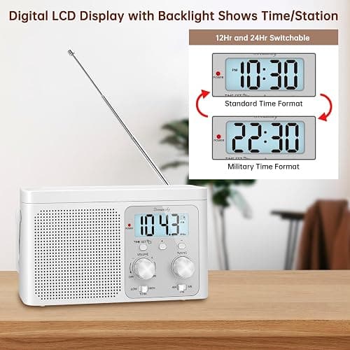 DreamSky AM FM Radio Portable - Shortwave Radio Battery Powered or Plug in Wall for Home Outdoor, Strong Reception, Large Dial Easy to Use, Digital Time Display, Transistor Antenna, Seniors Small Gift thumbnail 4
