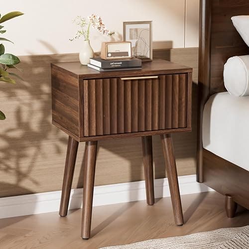 VINGLI Night Stand Set 2, Fluted Nightstands with Drawer, Mid Century Modern Nightstands Set of 2, Bedside Table, End Table, Wood Nightstand for Bedroom, Walnut, 15.75" W*11.81" D*21.85" H thumbnail 9