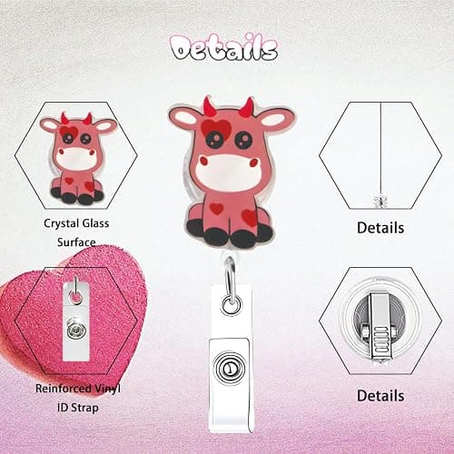 Valentines Cute Pink Cow Badge Reel for Nurse with Heart Design Funny Holiday Retractable Alligator Clip Acrylic Badge Reel for Nursing Doctors Teacher Social Worker Business Card thumbnail 4