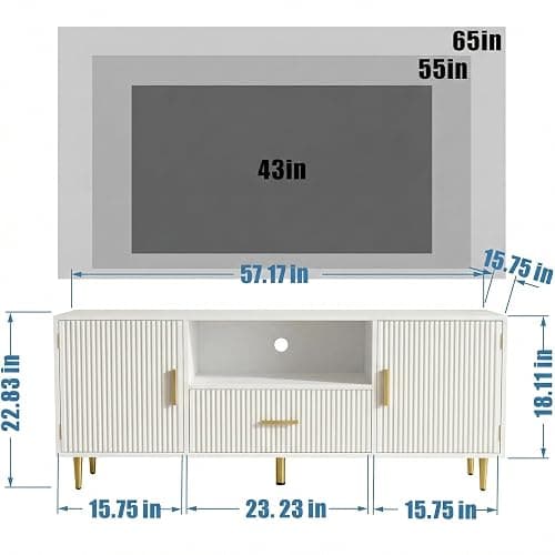 DIYART Modern Fluted TV Stand for 55/60/65 Inch TV, 57" Entertainment Center Media Console Table with Drawer & Storage Cabinets, Ribbed Design TV Cabinet Credenza for Living Room, White thumbnail 2