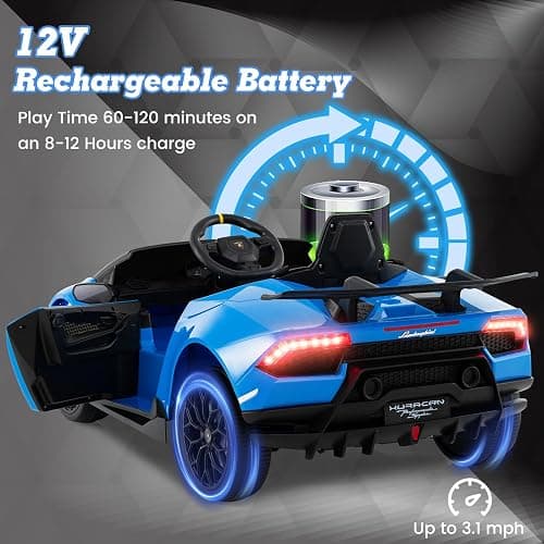 Licensed Lamborghini Huracan Ride on Car by INFANS, 12V Kids Electric Vehicle Battery Powered Toy with Remote Control, LED Lights, Spring Suspension, Bluetooth, MP3, Aged 3-8 Years (Blue) thumbnail 4
