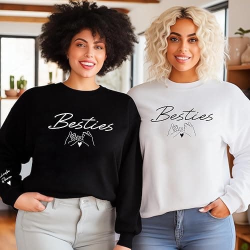 PRINT9GIFT Personalized Best Friend Sweatshirts Custom Name On Sleeve BFF Besties Matching Hoodies for Best Friends Birthday Anniversary White thumbnail 3