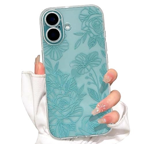 NITITOP Compatible with iPhone 16 Case Cute Clear Floral Flower Pattern for Girls Women Soft TPU Full Camera Lens Shockproof Protective Phone Cover - Teal - Image 1