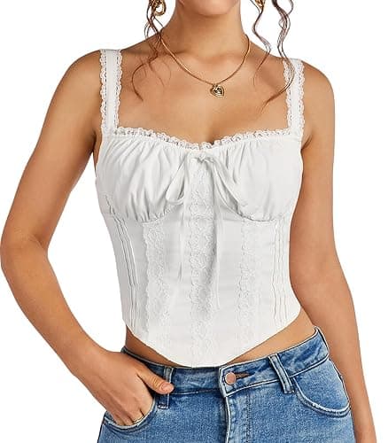 KUTUMAI Lace Corset Top Y2K Cute Square Neck Bustier Going Out Tank Crop Tops for Women Trendy Summer - Medium - White - Image 1