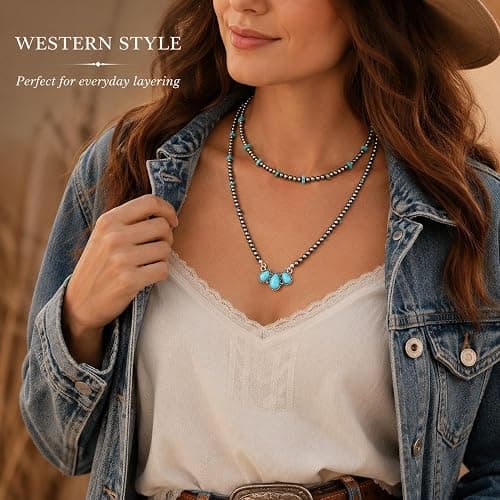 Zurlcdye Turquoise Necklaces for Women Charm Boho Western Vintage 3 Black Beaded Necklace with Teardrop Turquoise Pendant Layered Necklace Chic Country Concert Outfits Birthday Jewelry Gifts thumbnail 3