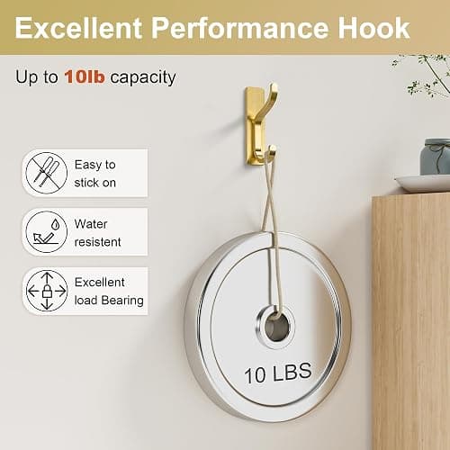pickpiff Adhesive Wall Coat Hooks - Heavy Duty Stick-On Door Hanger, Metal Hook for Hanging Towel,Purse, Robe, Backpack, Jacket, Clothes - for Bathroom,Dorm, Closet, Kitchen - Gold, 4 Pack thumbnail 5