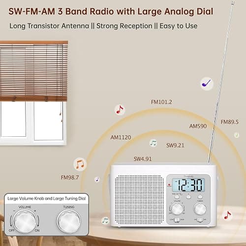 DreamSky AM FM Radio Portable - Shortwave Radio Battery Powered or Plug in Wall for Home Outdoor, Strong Reception, Large Dial Easy to Use, Digital Time Display, Transistor Antenna, Seniors Small Gift thumbnail 2