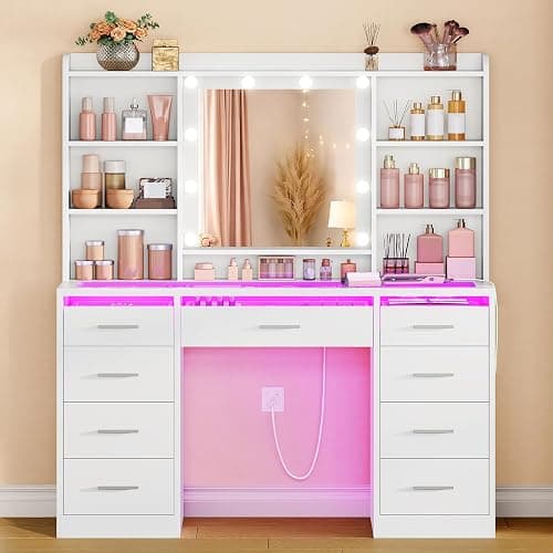 FINOESO Large Vanity Desk with Mirror and Lights, 3-Color LED, Makeup Vanity with Clear Glass Top & RGB Light, Vanity Table with 9 Drawers, 6 Open Shelves and Power Outlet, White Vanity for Bedroom - Image 1