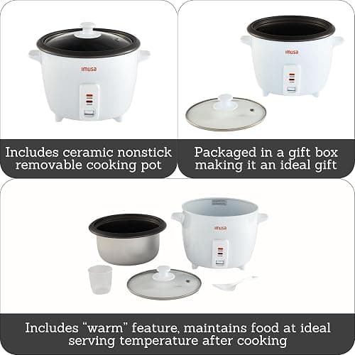 IMUSA Mini Electric Rice Cooker 6 Cup Cooked 3 Cup Uncooked – Ceramic Nonstick Pot, Small Multi Cooker for Rice, Quinoa, Oatmeal, Stew – Keep Warm – Compact for Dorm RV Kitchen thumbnail 3